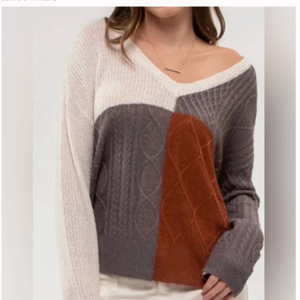 V Neck Sweater Colorblock Cream Gray Rust New Without Tags